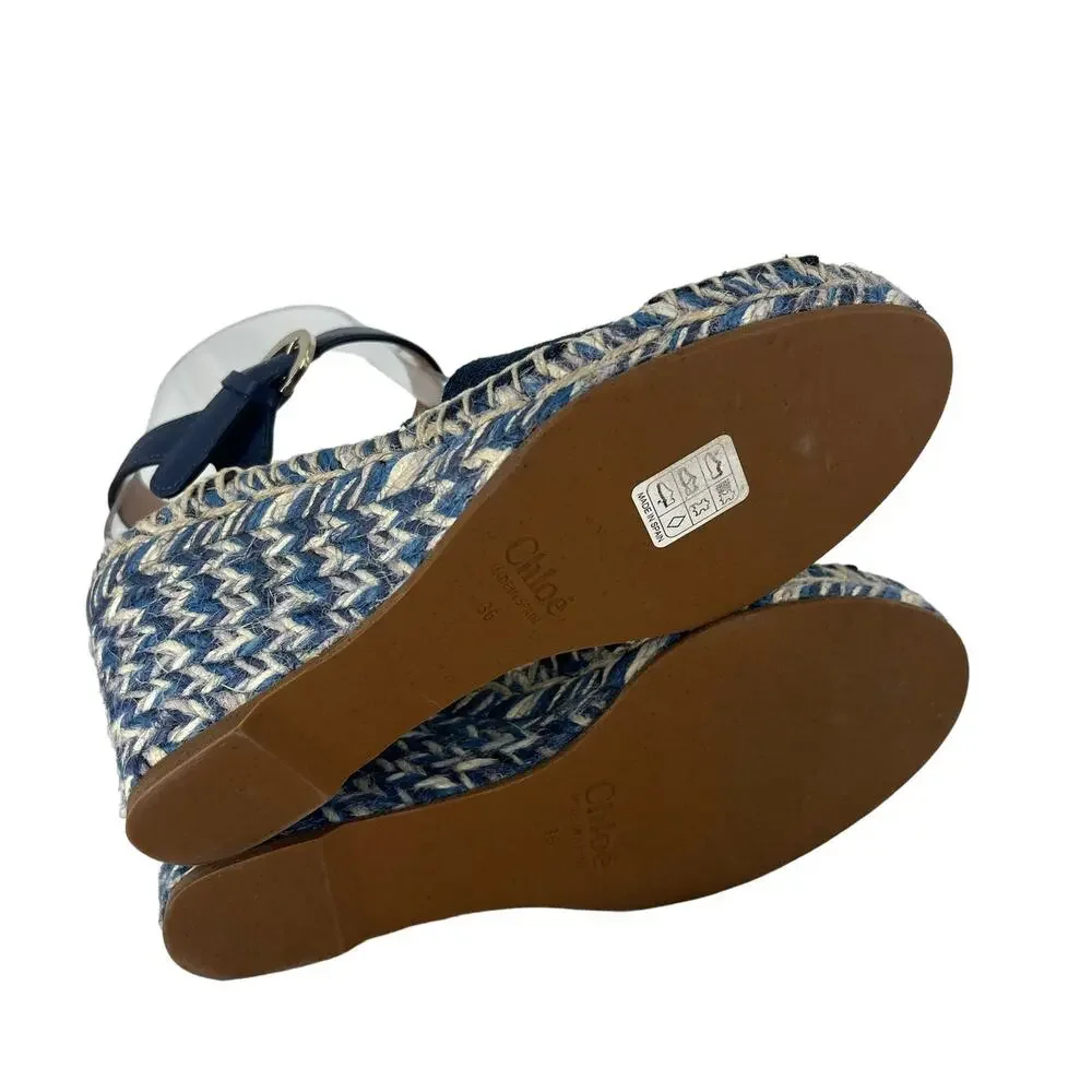 Chloe Piia Denim Logo‎ Espadrille Wedge Sandals with Leather Straps Size 36